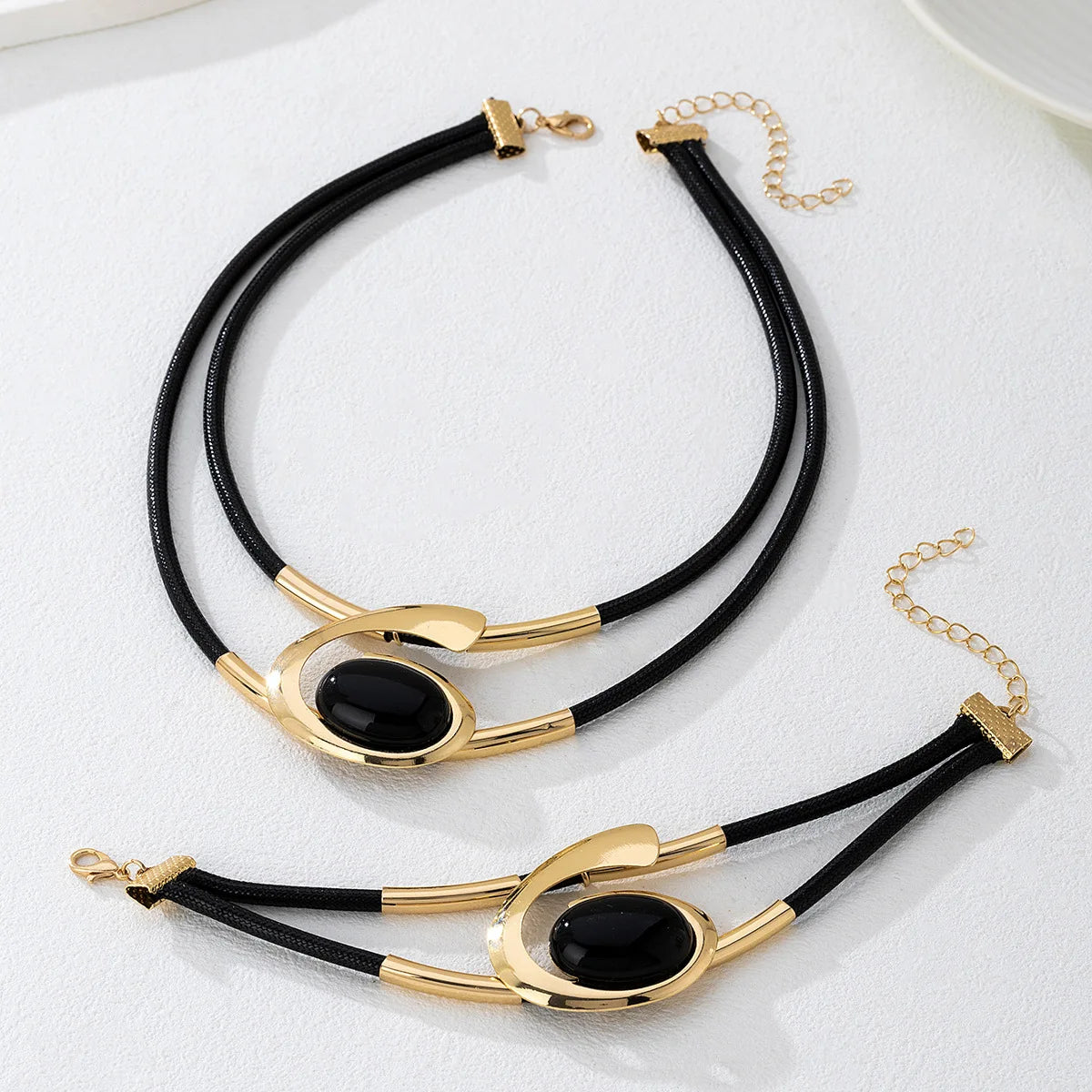 Double layer geometric oval necklace and bracelet set