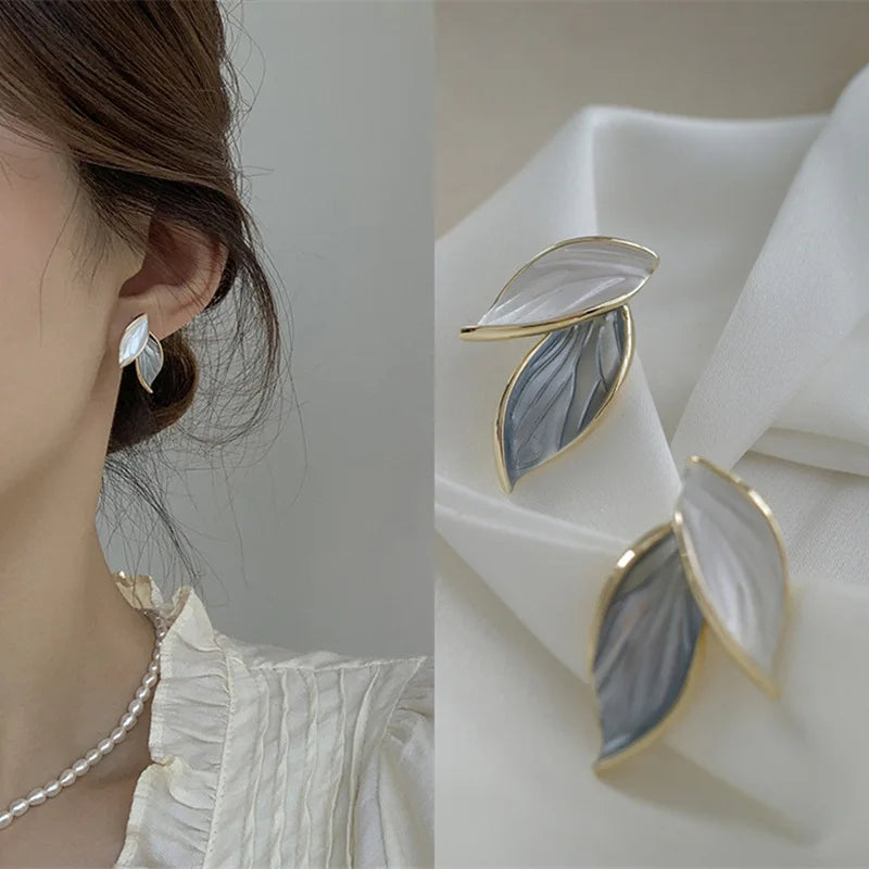 New Korean metal earrings with gray leaves