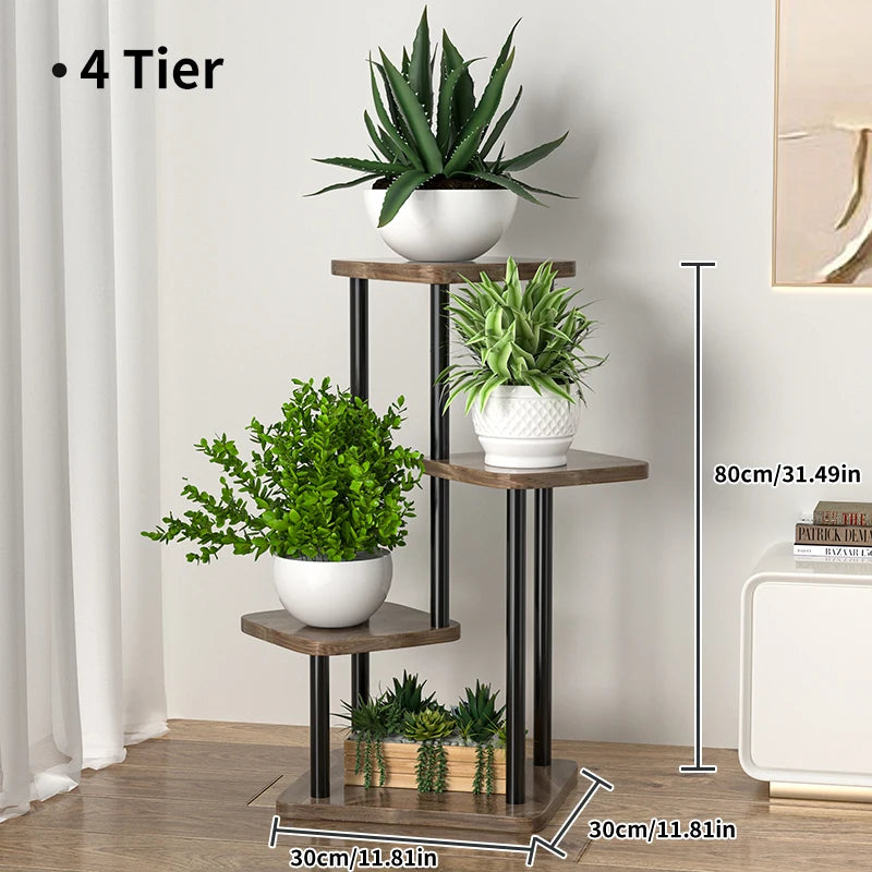 Plant and flower stand with wooden shelf