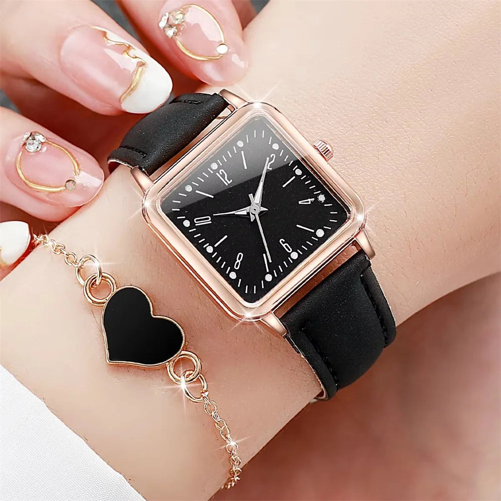 Fashion women's square watch with heart bracelet