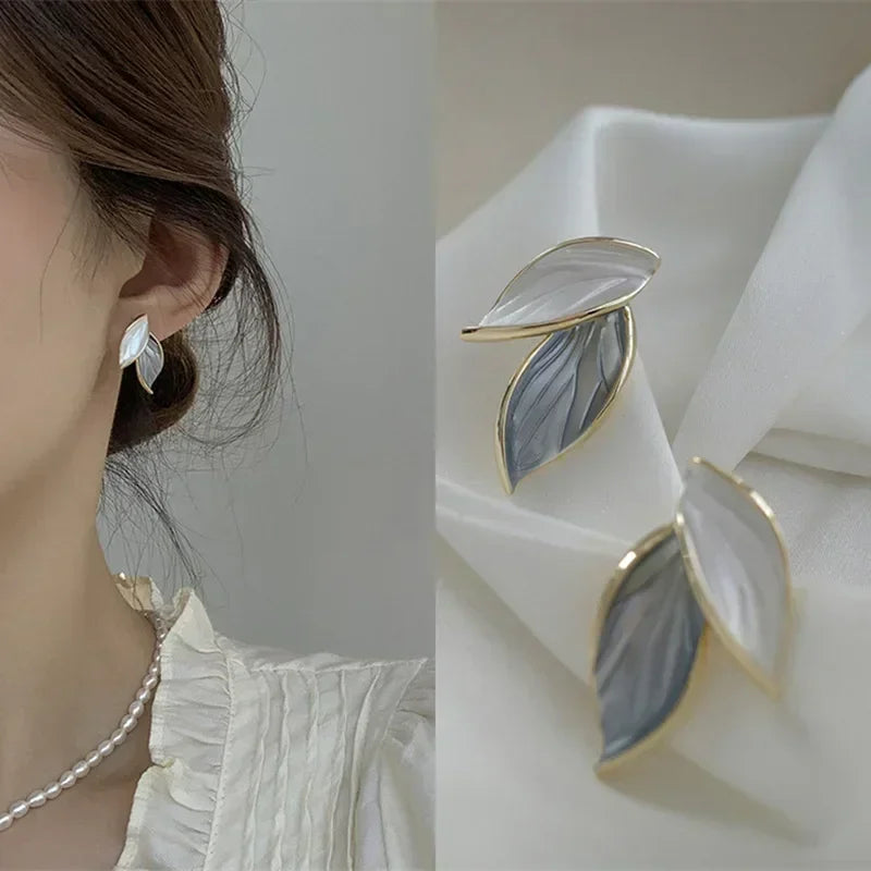 New Korean metal earrings with gray leaves