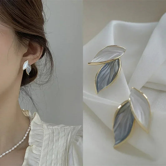 New Korean metal earrings with gray leaves