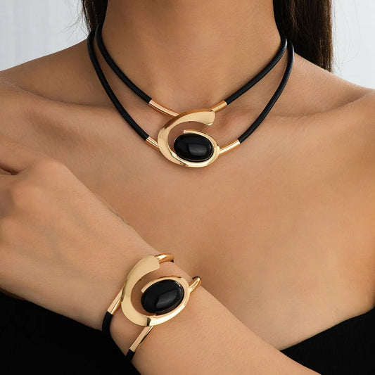 Double layer geometric oval necklace and bracelet set