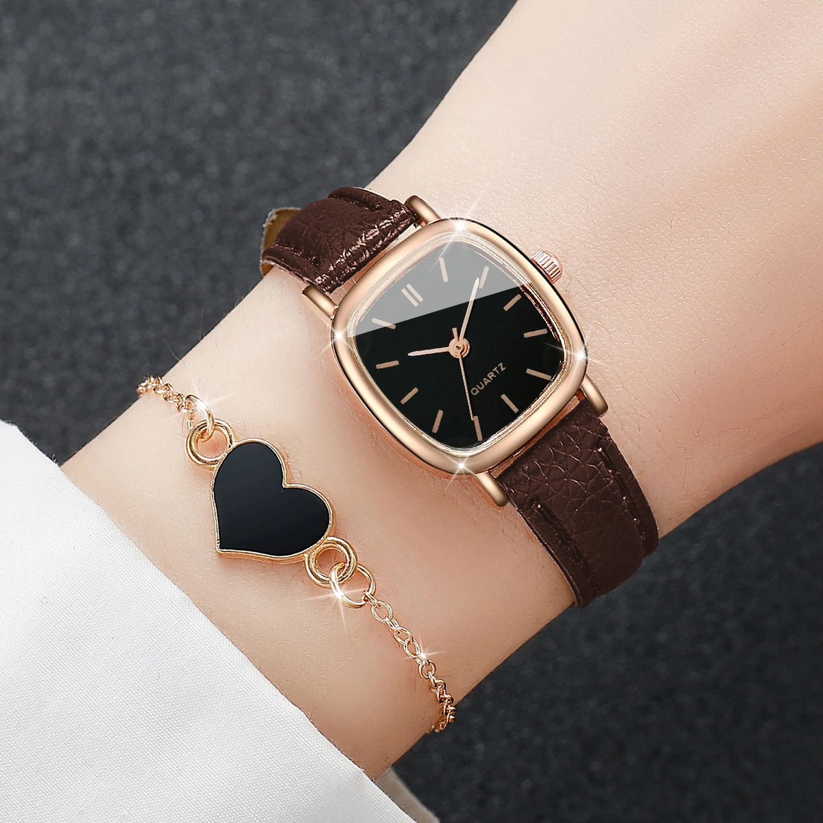 Women's Watch with Leather Strap and Heart Bracelet