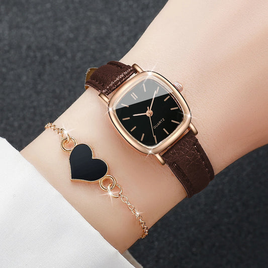 Women's Watch with Leather Strap and Heart Bracelet