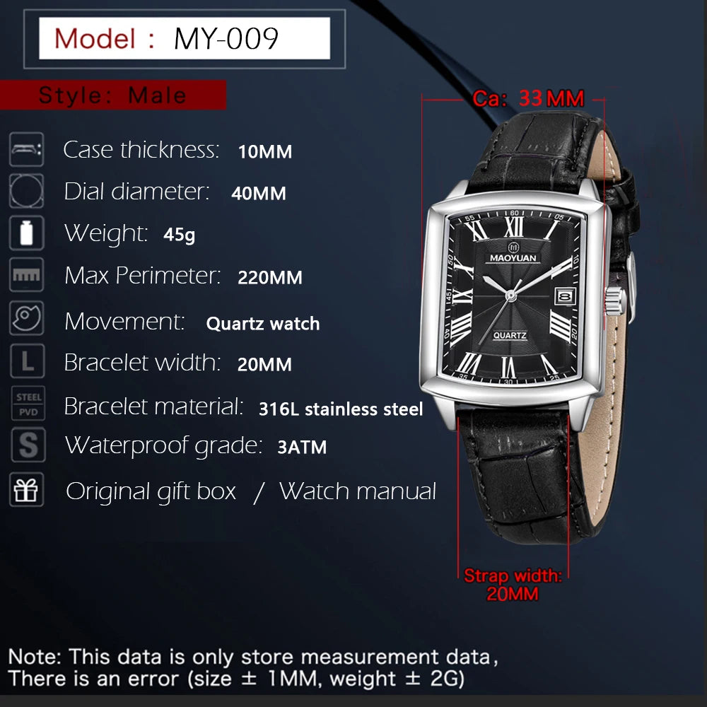 MAOYUAN Square  Casual Leather Quartz Watch Waterproof