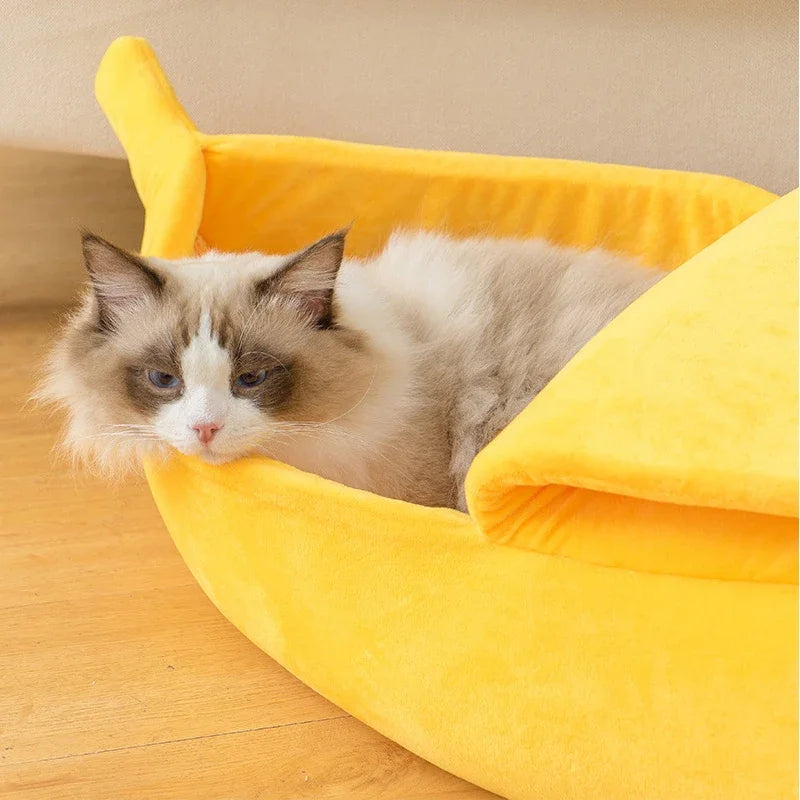 Banana-shaped cat bed
