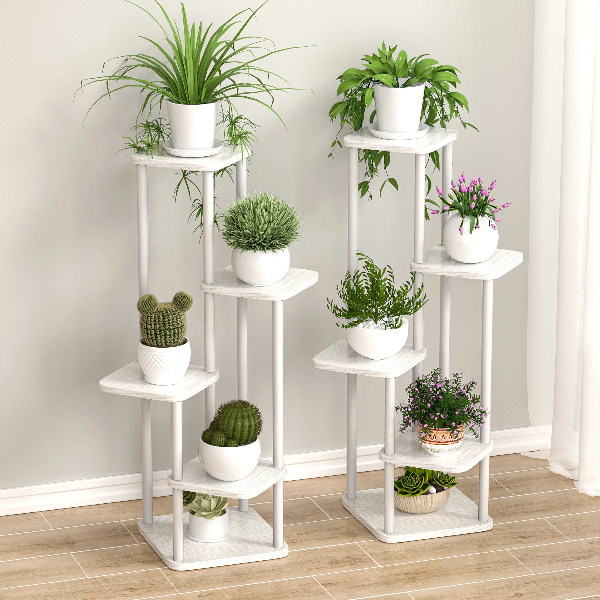 Plant and flower stand with wooden shelf