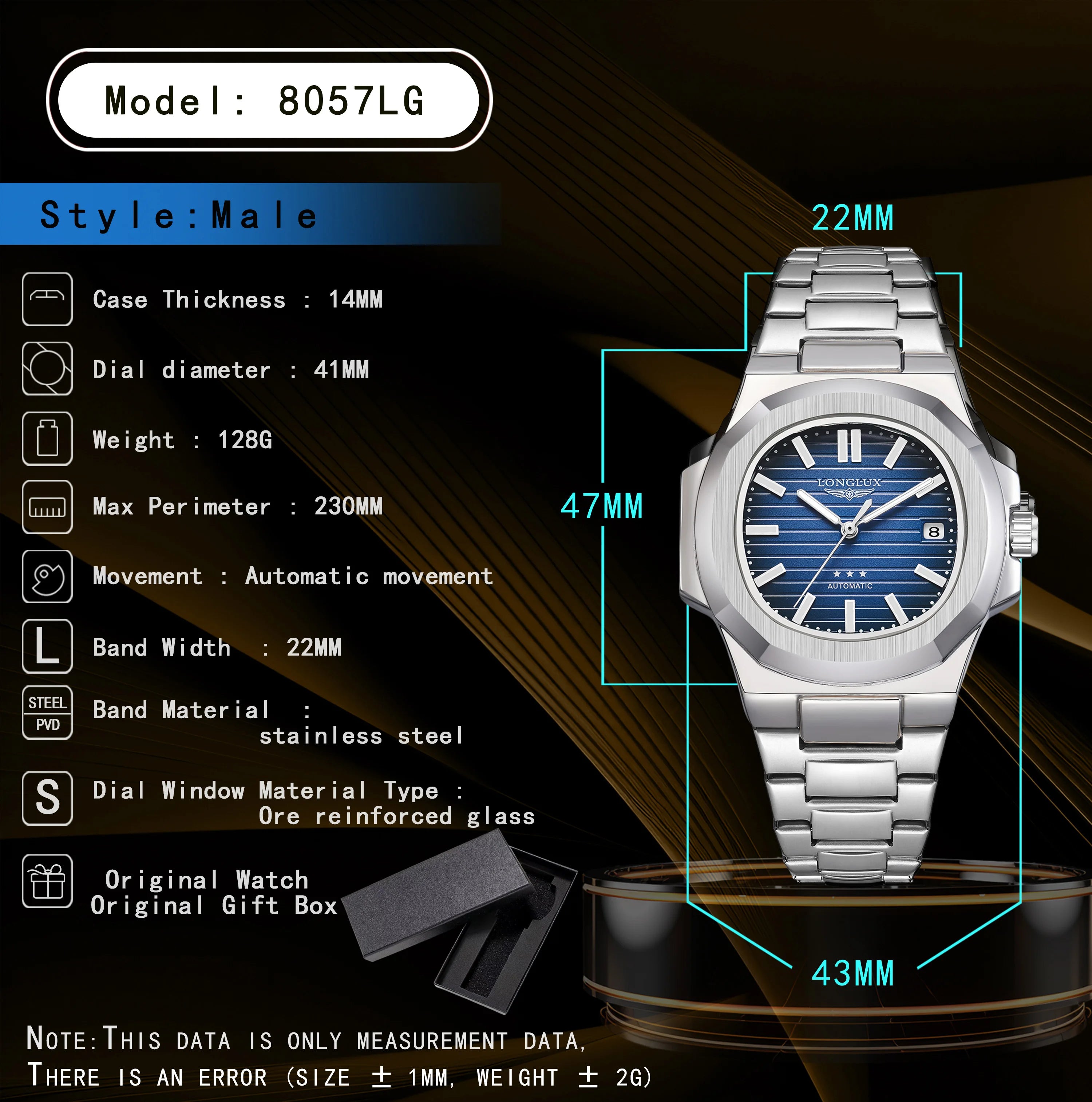 Men's automatic watch with date, mechanical and waterproof