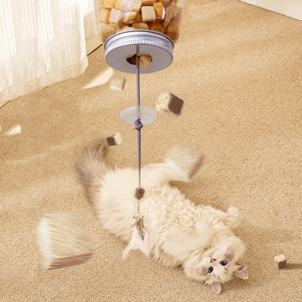 Interactive cat toy with bell, scratching rope and feeder
