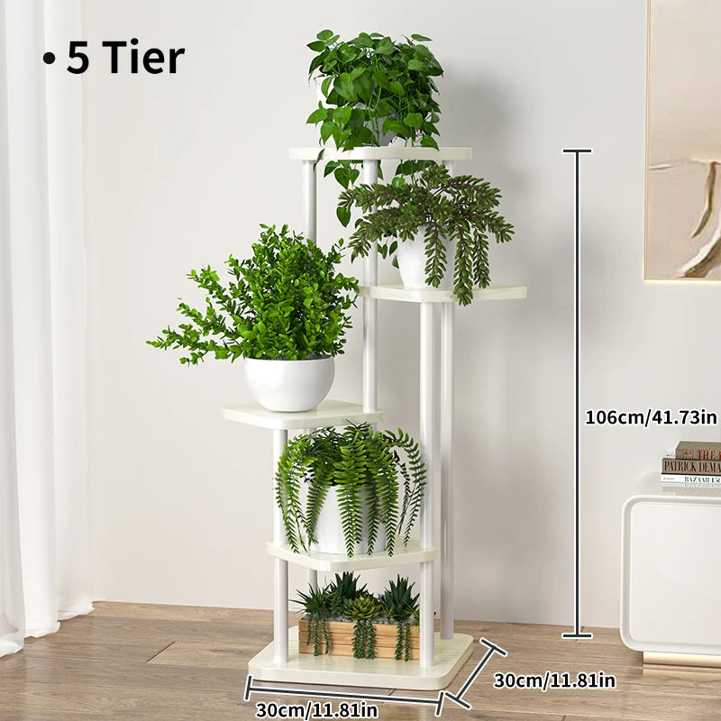 Plant and flower stand with wooden shelf