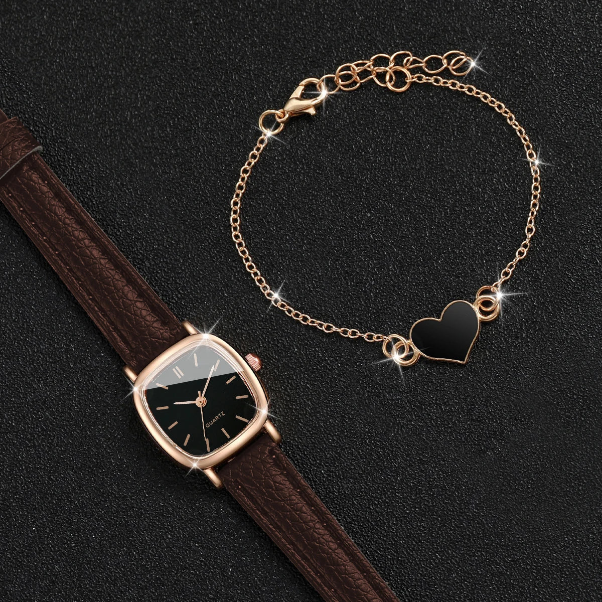 Women's Watch with Leather Strap and Heart Bracelet