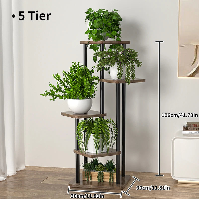 Plant and flower stand with wooden shelf