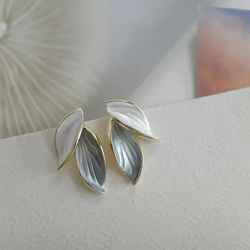 New Korean metal earrings with gray leaves