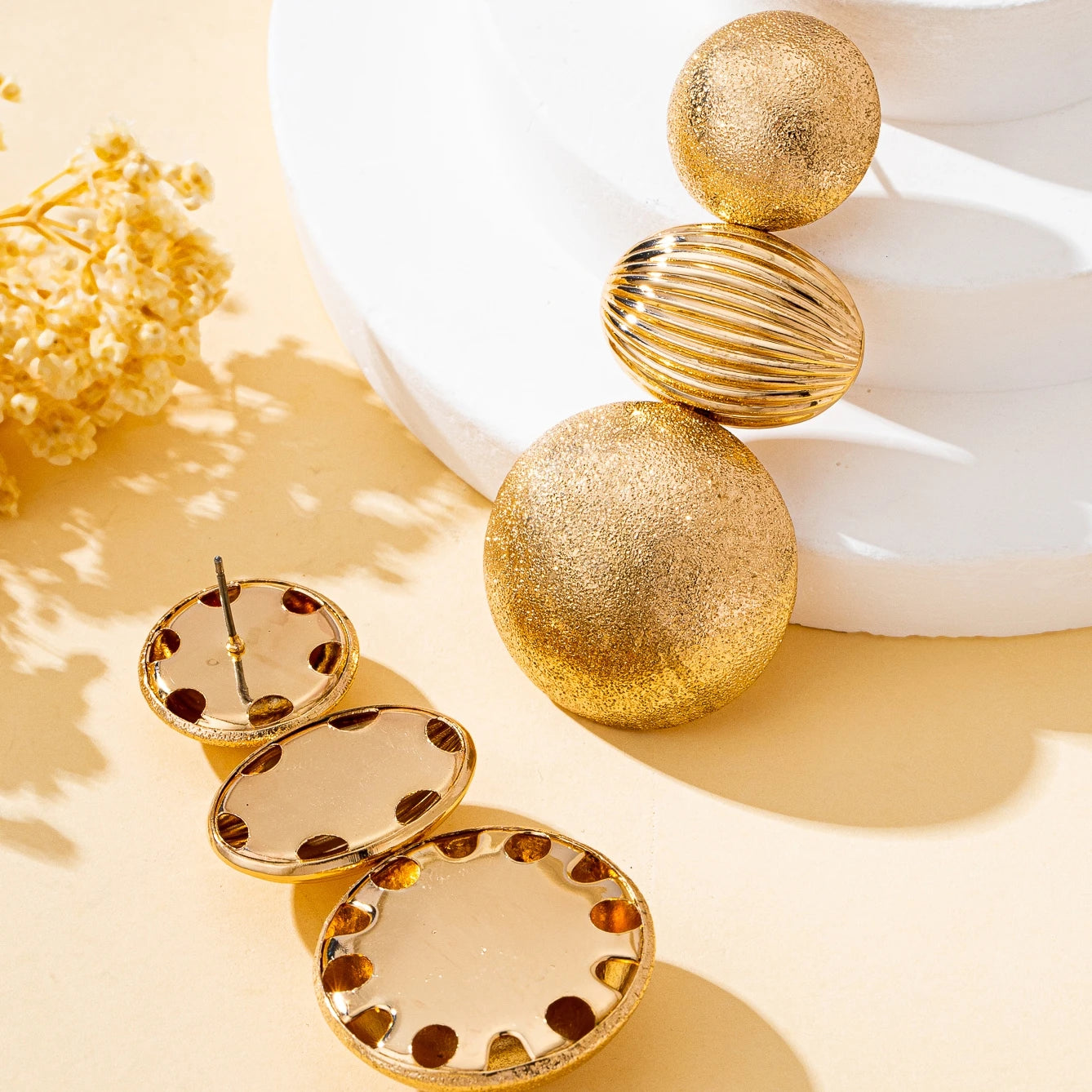 Geometric, round, matte, striped textured women's earrings