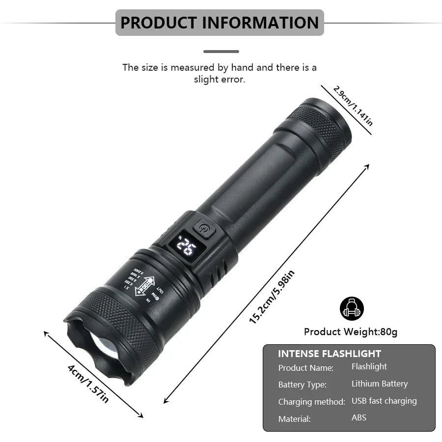 High power tactical LED flashlight with zoom