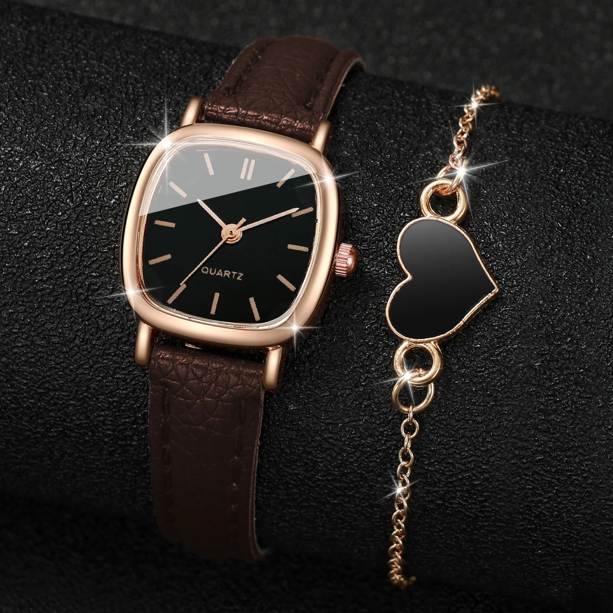 Women's Watch with Leather Strap and Heart Bracelet