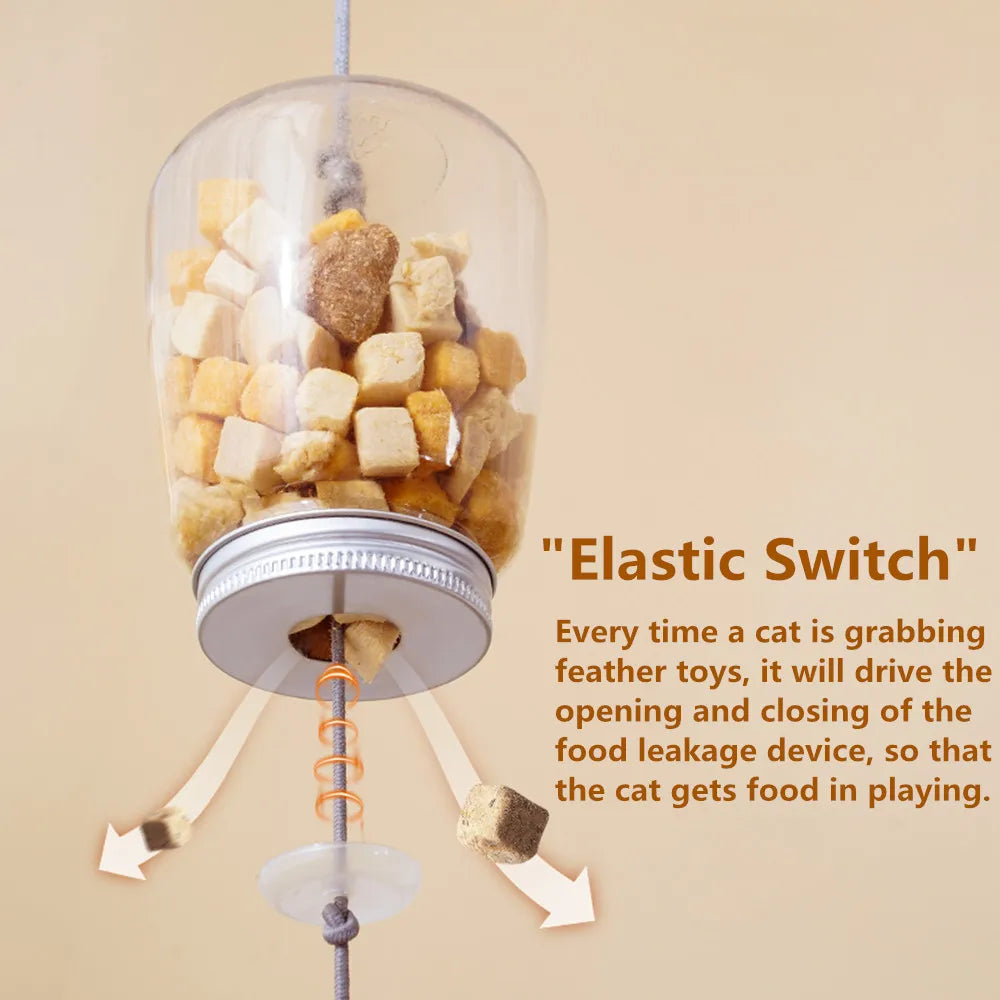 Interactive cat toy with bell, scratching rope and feeder