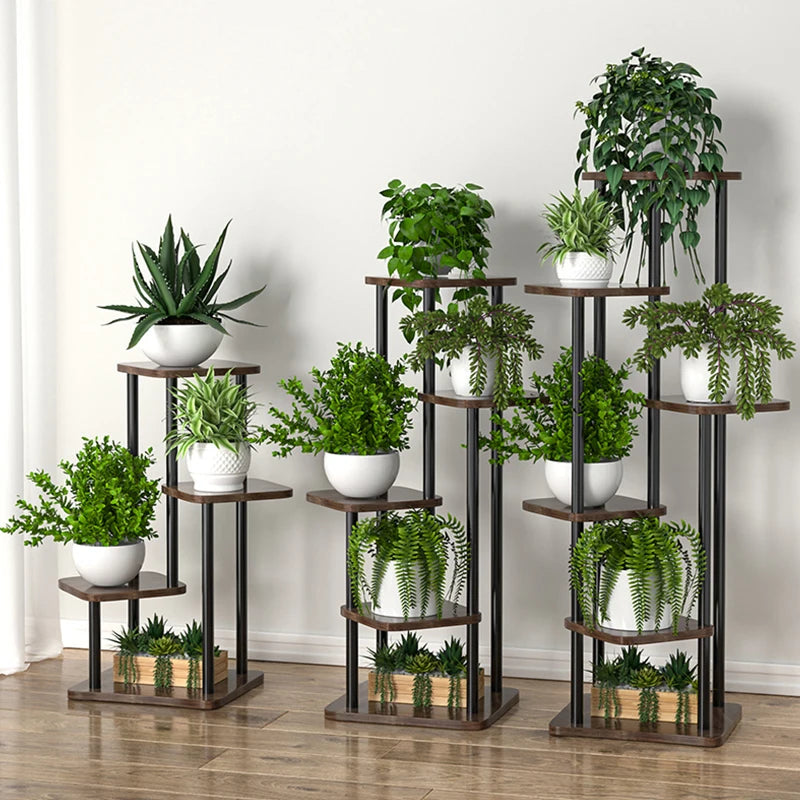Plant and flower stand with wooden shelf